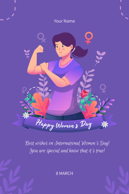 Ontwerpsjabloon van Pinterest van Women's Day Greeting with Strong Powerful Woman