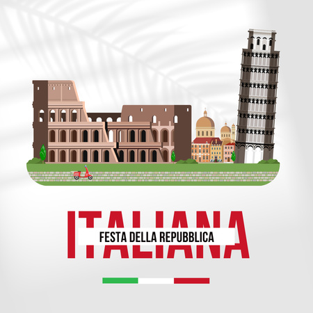 Republic Day Italy Celebration Ad with Colosseum and Leaning Tower of Pisa Instagram Design Template