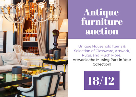 Template di design Antique Furniture Auction Event with Vintage Wooden Decor Flyer 5x7in Horizontal