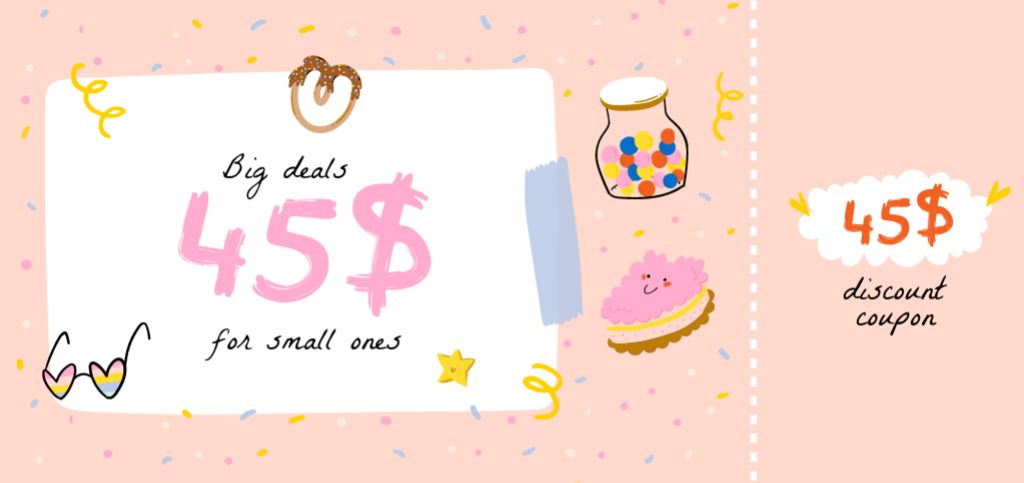 Designvorlage Colorful Kids' Things Discount Offer With Illustration für Coupon Din Large
