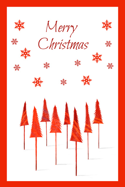 Festive Christmas Holiday Greeting Illustration With Forest And Snowflakes Postcard 4x6in Vertical Design Template