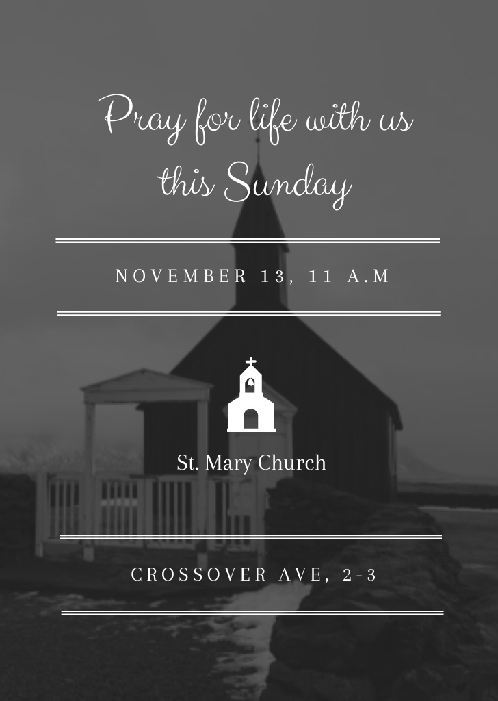Ontwerpsjabloon van Postcard A6 Vertical van Church Near Waterfront And Praying On Sunday