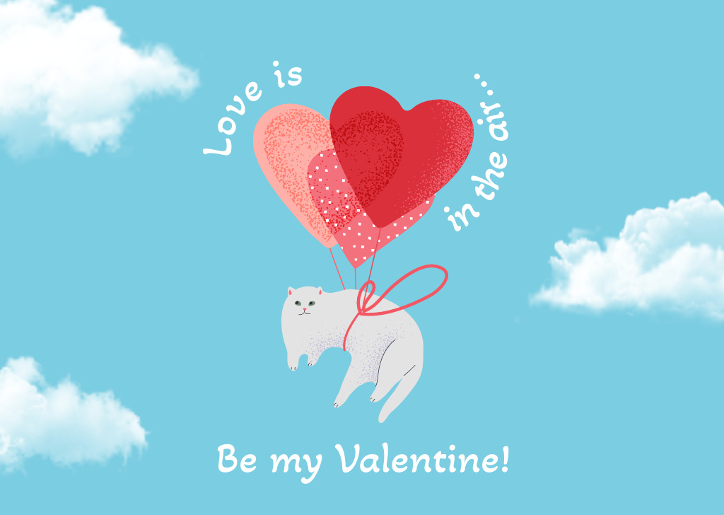 Designvorlage Valentine's Day Greeting with Cat on Balloons für Postcard