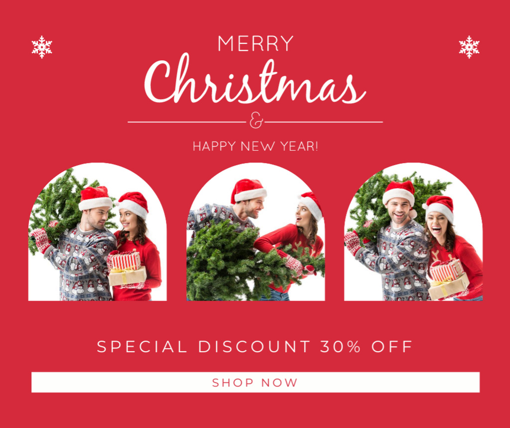 Christmas Sale Announcement with Cheerful Couple Facebook Modelo de Design