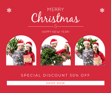 Platilla de diseño Christmas Sale Announcement with Cheerful Couple Facebook