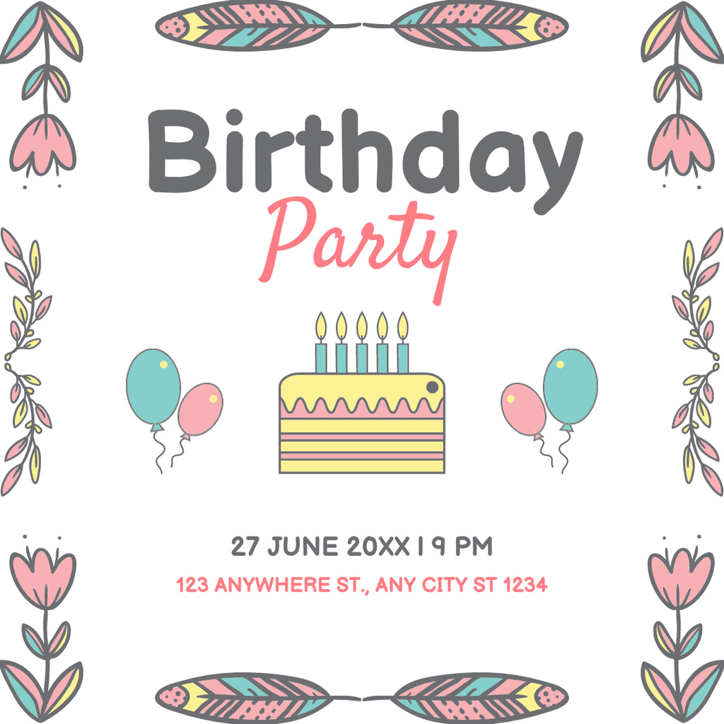 Birthday Party Illustrated Announcement with Cake Instagram Tasarım Şablonu