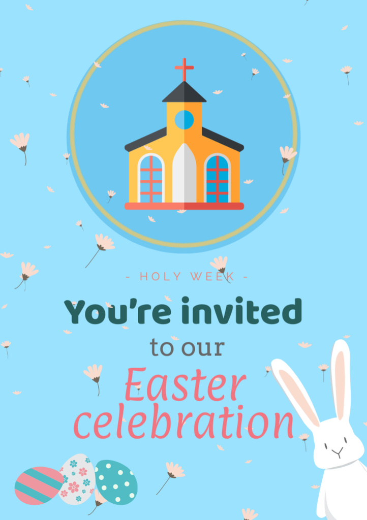 Designvorlage Easter Service Invitation with Cute Bunny on Blue für Flyer A5