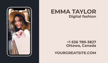 Plantilla de diseño de Stylish Woman on Phone Screen Business card 