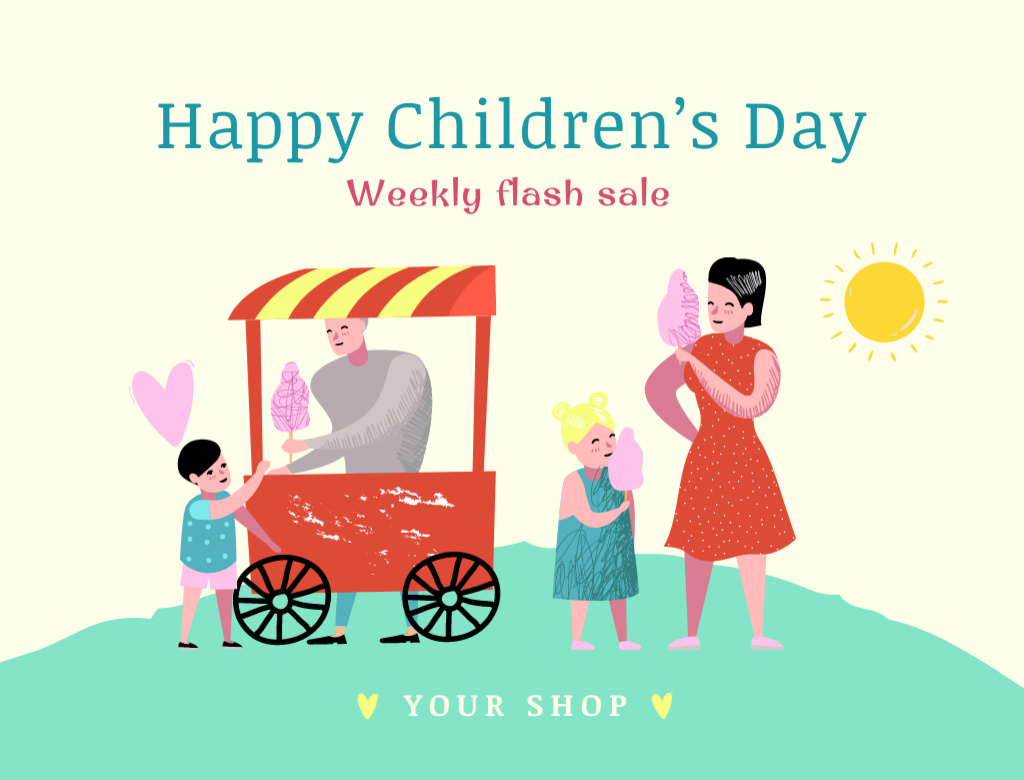 Ontwerpsjabloon van Postcard 4.2x5.5in van Children's Day Sale with Cute Family Illustration