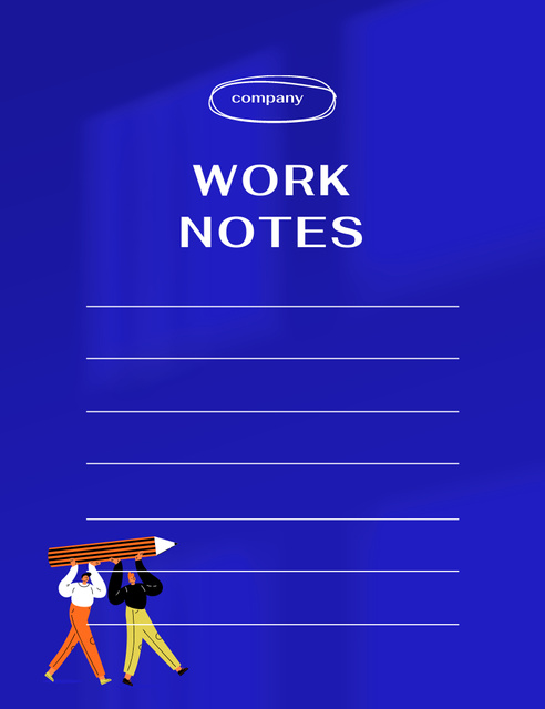 Ontwerpsjabloon van Notepad 107x139mm van Work Notes in Blue with People Carrying Big Pencil