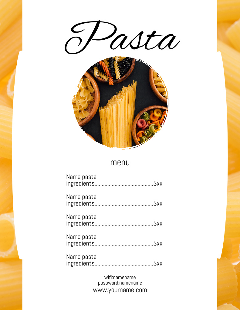 Offer Traditional Types of Italian Pasta Menu 8.5x11inデザインテンプレート