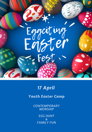 Easter Holiday Announcement with Bright Colored Eggs on Blue Poster 28x40in Design Template