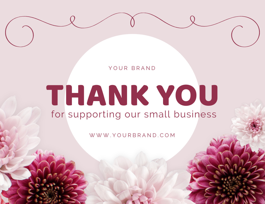 Thank You Text with Pink Chrysanthemums Flowers Thank You Card 5.5x4in Horizontal Tasarım Şablonu