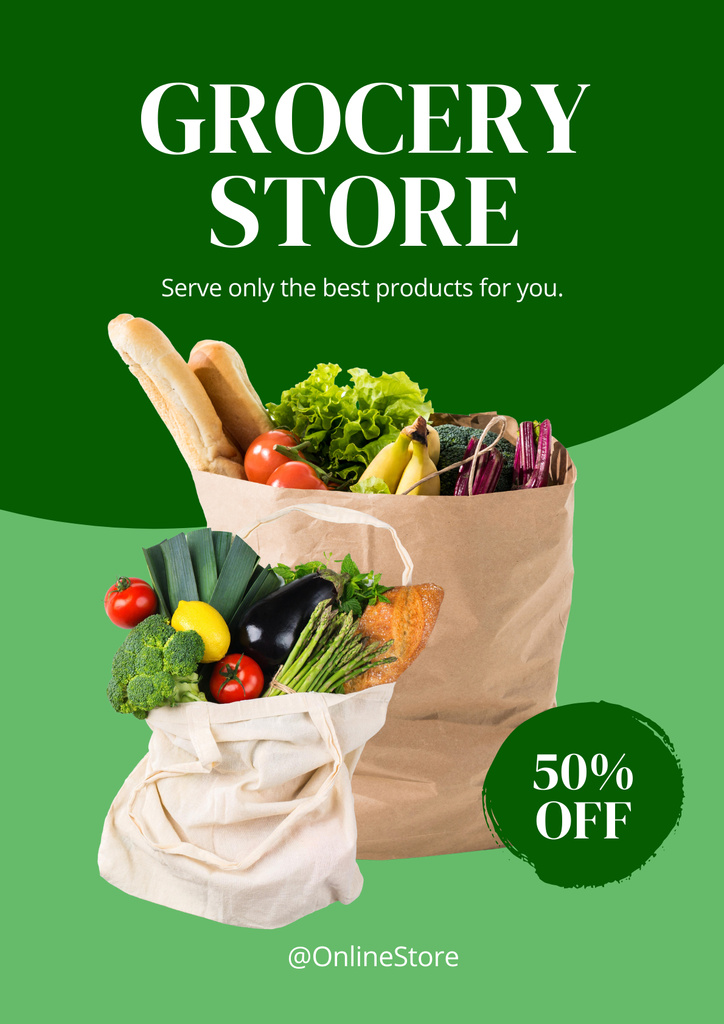 Grocery Store Ad with Packages with Fresh Food Poster Tasarım Şablonu