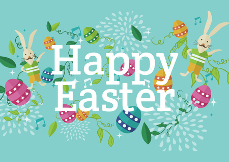 Platilla de diseño Happy Easter Greeting with Bunnies and Eggs Postcard