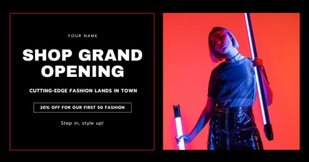 Designvorlage Große Eröffnung eines modernen Bekleidungsgeschäfts mit Rabatt und Neonlicht für Facebook AD