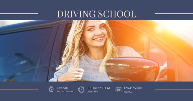 Plantilla de diseño de Flexible Schedule Of Driving School Course Offer In Blue Facebook AD 
