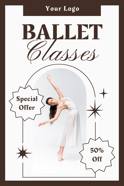 Ballet Classes Ad with Tender Ballerina in White Dress Pinterest Design Template