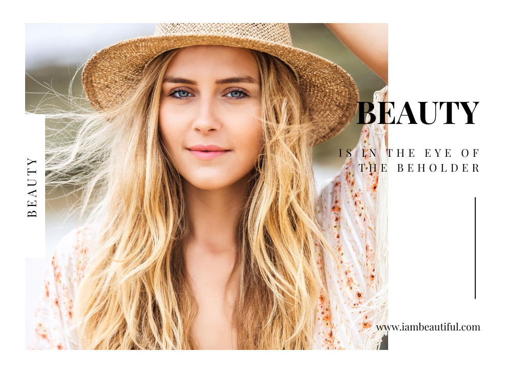 Beautiful Attractive Blonde Woman in Straw Hat Postcard Design Template