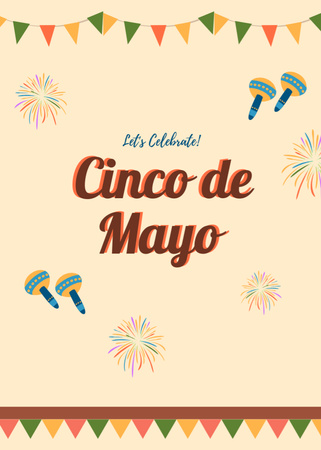 Designvorlage Cinco De Mayo Feiertagsfeier mit Maracas und Feuerwerk für Postcard 5x7in Vertical
