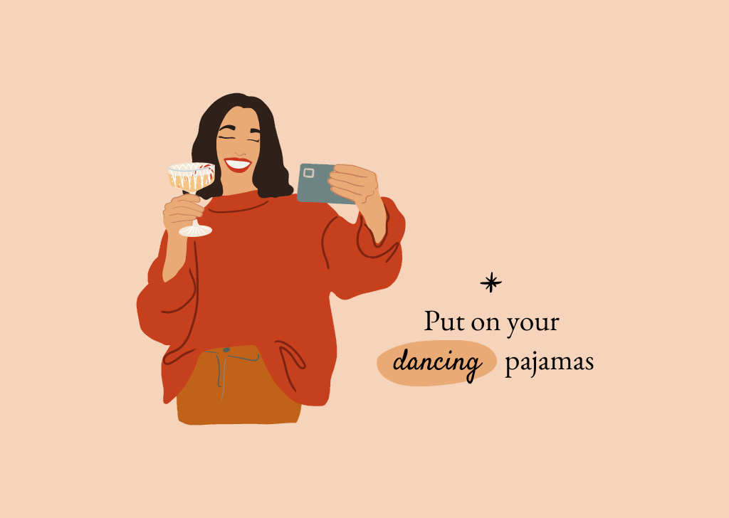 Pajamas Party with Woman making Selfie with Wine Card Modelo de Design