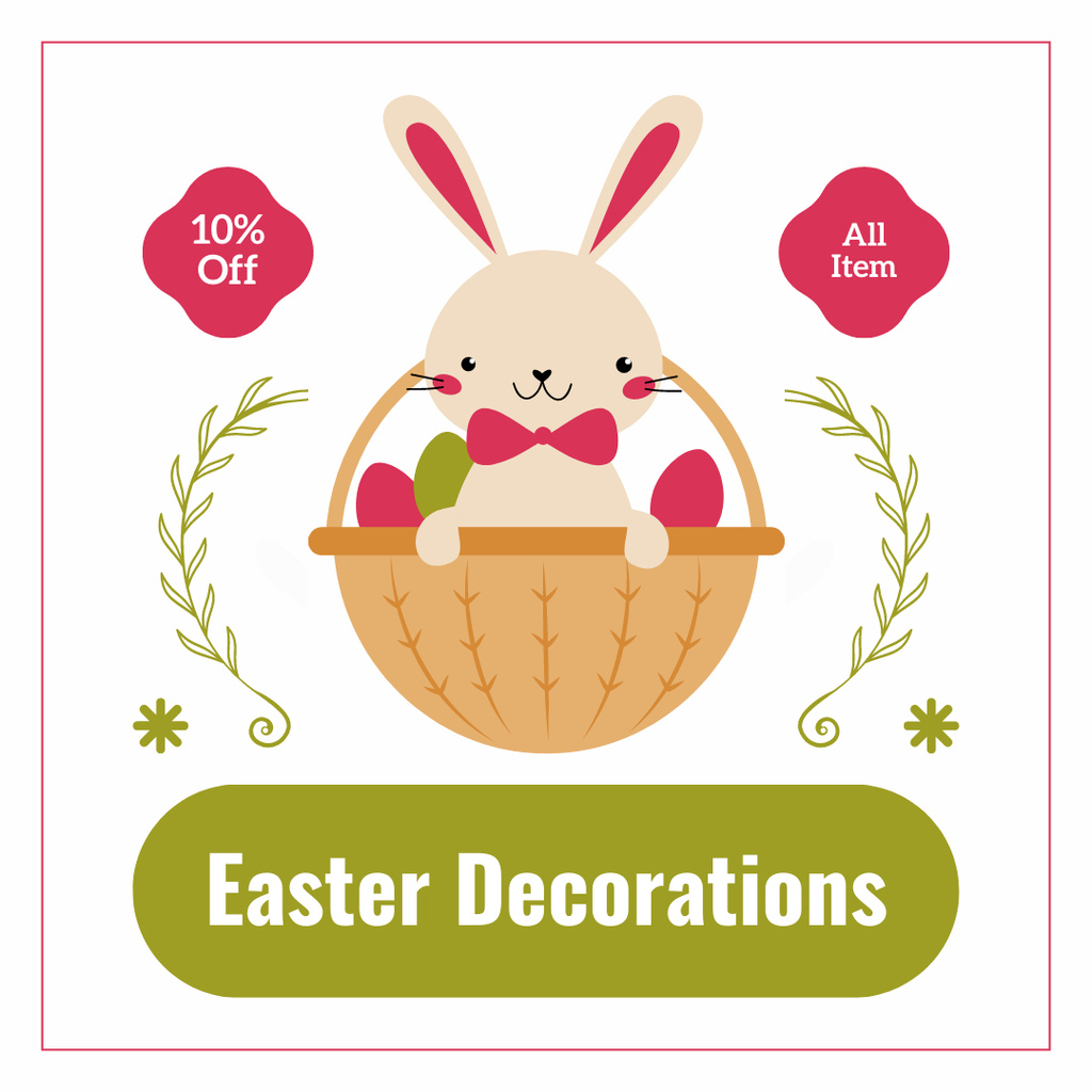 Easter Holiday Decorations Ad with Cute Bunny in Basket Instagram Design Template