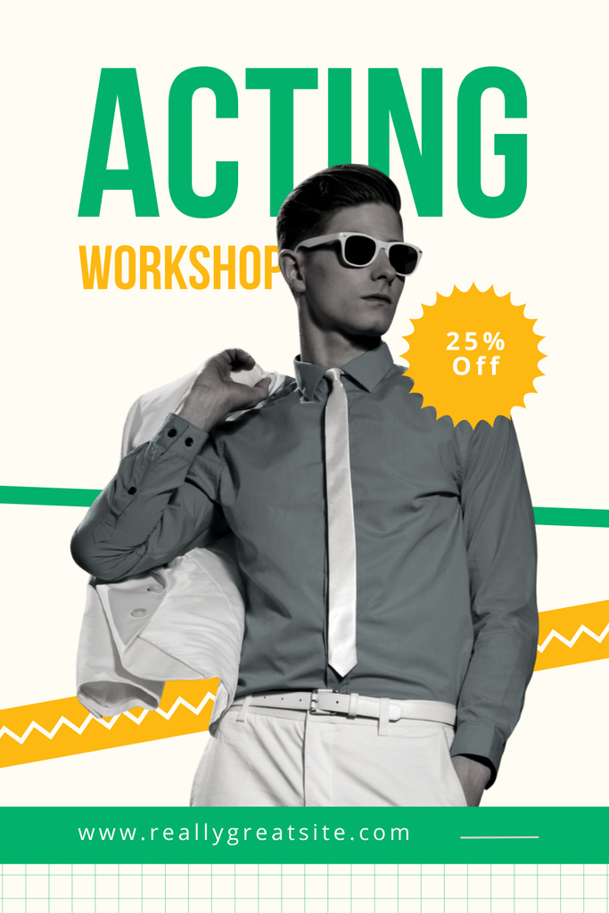 Template di design Discount on Acting Workshop with Stylish Man in Sunglasses Pinterest