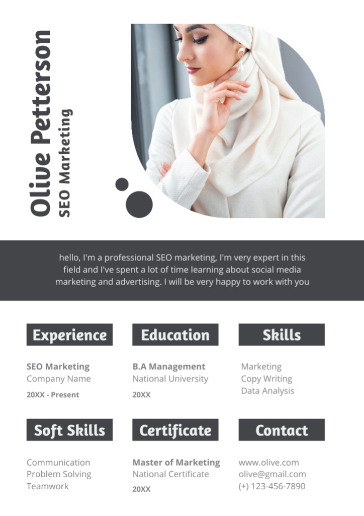 Ontwerpsjabloon van Resume van SEO Marketing Skills With Work Experience and Certificate