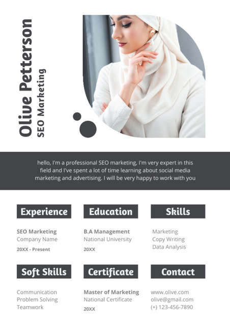 Platilla de diseño SEO Marketing Skills With Work Experience and Certificate Resume