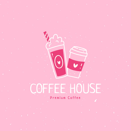 Coffee House Ad with Cute Cups Logo Design Template