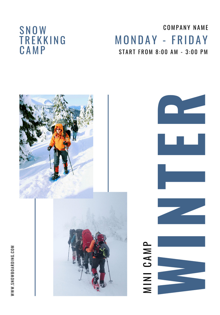 Snow Trekking Camp Invitation with People in Snowy Mountains Poster 28x40in Tasarım Şablonu