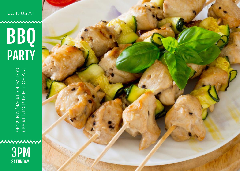 BBQ Party Ad with Grilled Chicken on Skewers Flyer A6 Horizontal Tasarım Şablonu