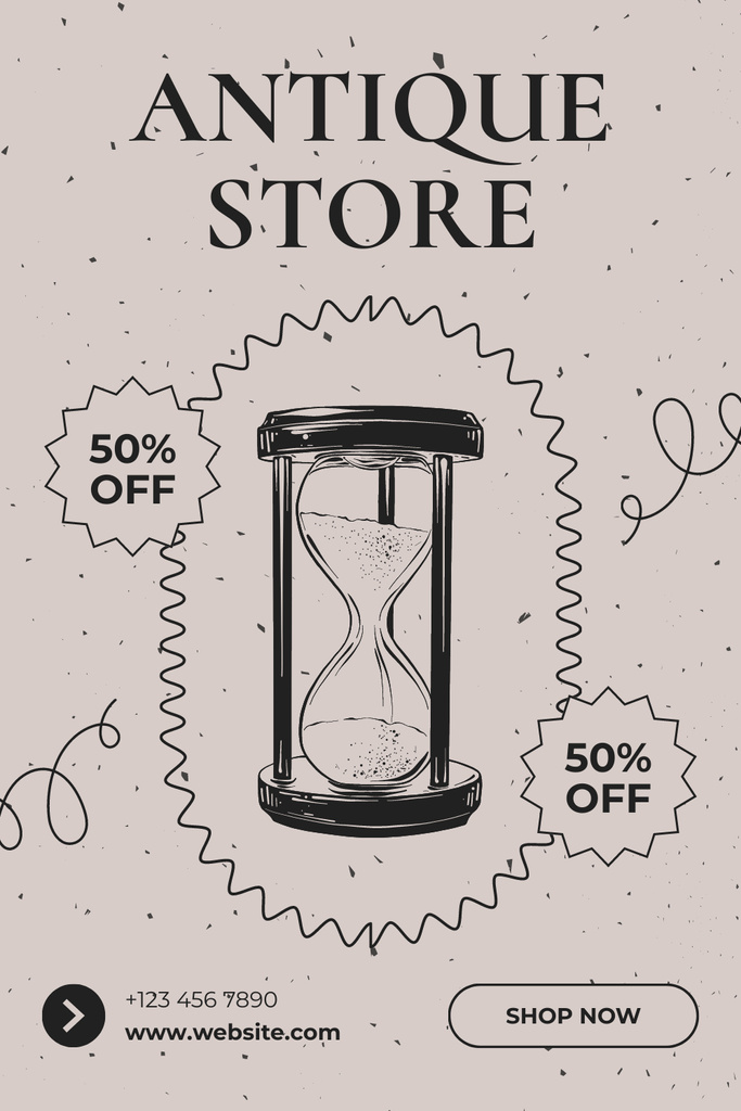 Antique Store Discount Offer with Hourglass Sketch Pinterest Design Template