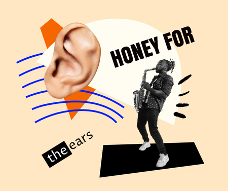 Plantilla de diseño de divertida ilustración con oreja grande escuchando a saxofonista Facebook 