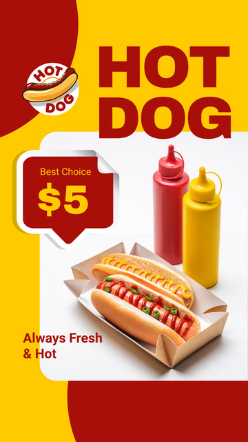 Fast Food menu Offer with hot dogs and sauces Instagram Story Πρότυπο σχεδίασης