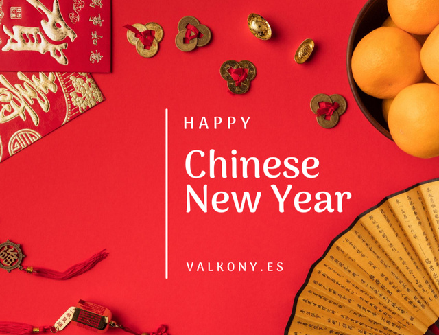 Ontwerpsjabloon van Postcard 4.2x5.5in van Chinese New Year Greeting With Asian Symbols and Oranges