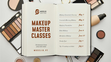 masterclass de maquiagem com produtos cosméticos e notebook FB event cover Modelo de Design