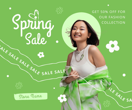 Spring Sale Announcement with Young Asian Woman in Green Facebook Design Template
