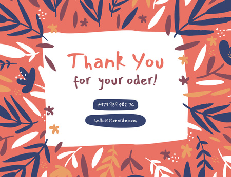 Thank You For Your Order Text with Hand Drawn Leaves Pattern Thank You Card 5.5x4in Horizontal Design Template