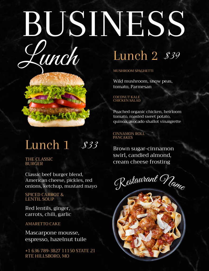 Yummy Business Lunch Offer In Black Menu 8.5x11in Design Template
