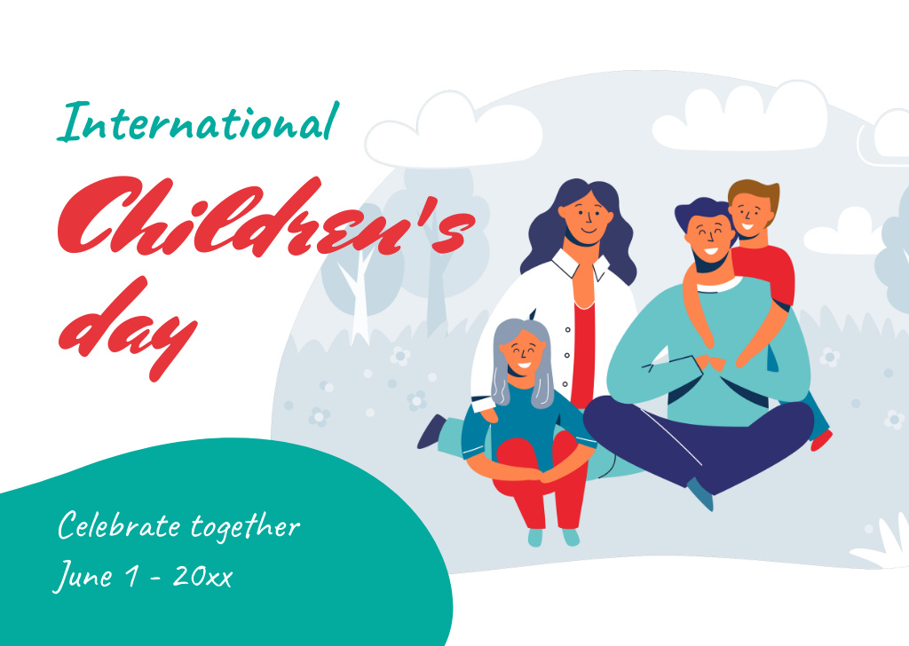 Children's Day Greeting with Parents and Kids Having Fun Postcard Design Template
