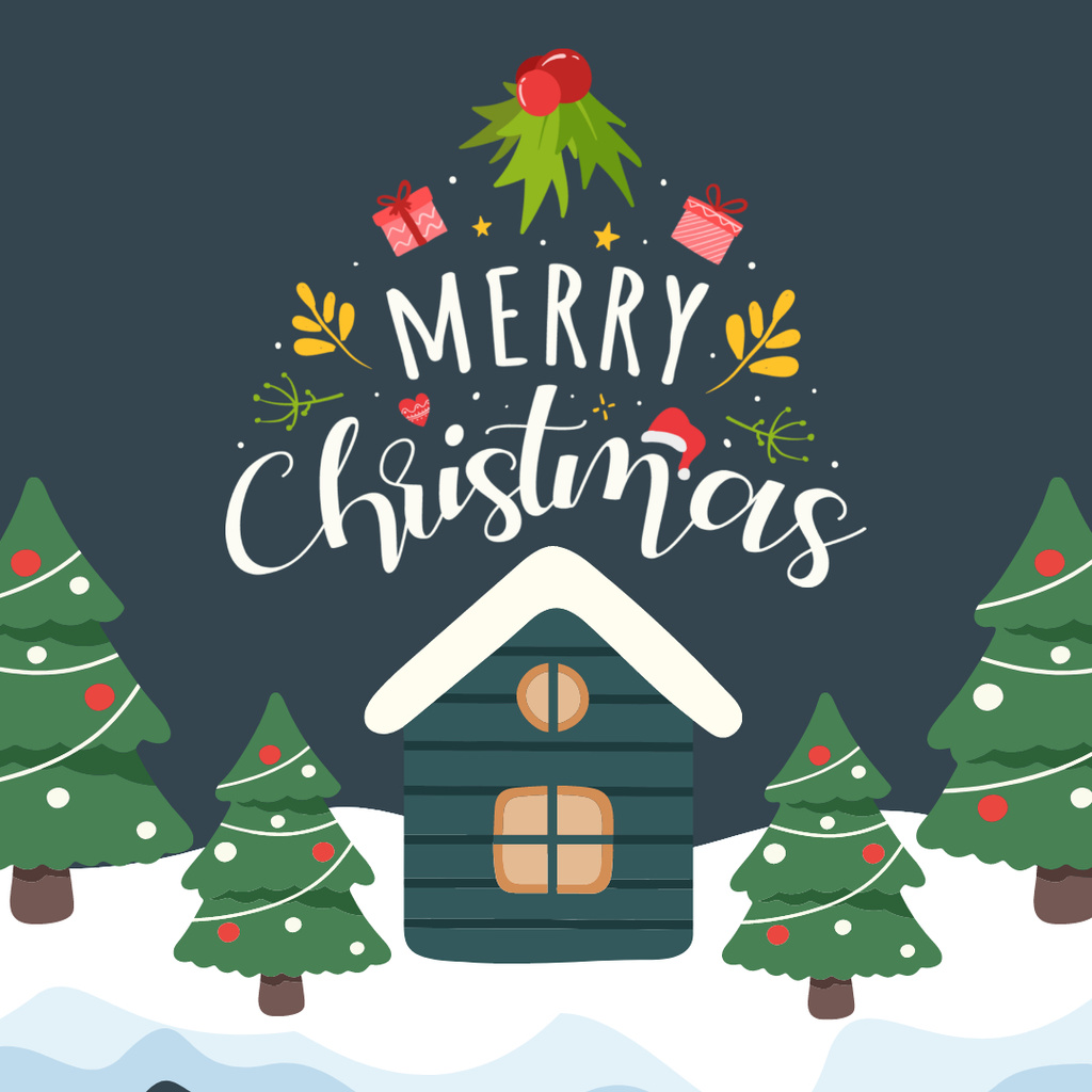 Christmas Card with Picture of House in Winter Forest Instagram – шаблон для дизайна