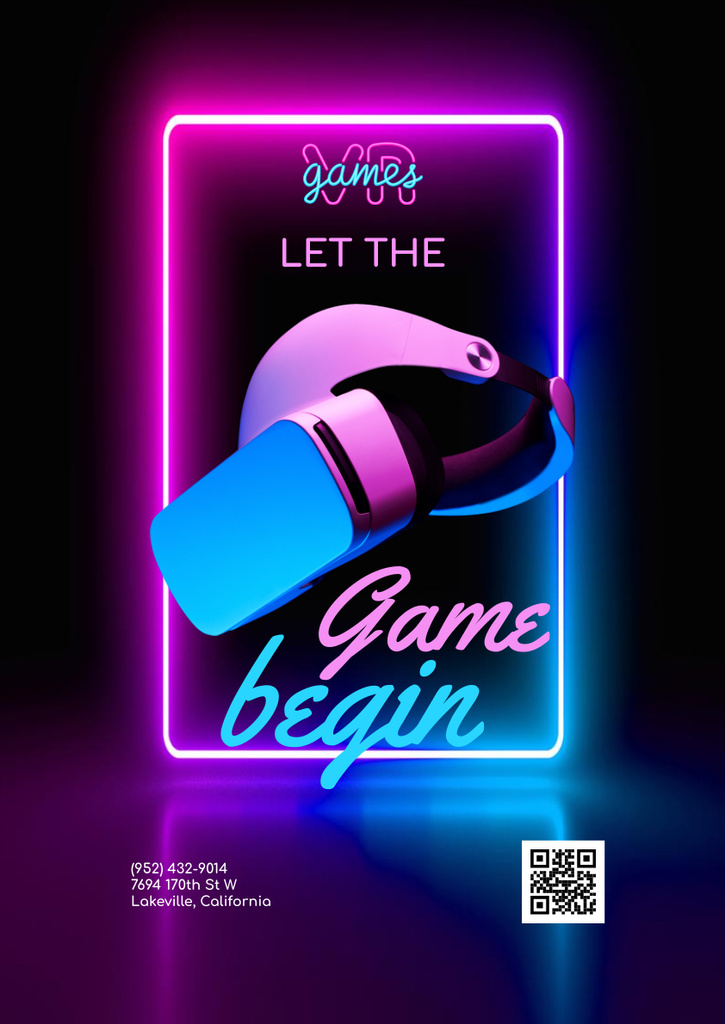 Gaming Gear Ad with VR Glasses in Neon Frame Poster A3 Šablona návrhu