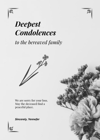 Ontwerpsjabloon van Postcard 5x7in Vertical van Innige deelneming bij overlijden met zwarte en witte bloemen