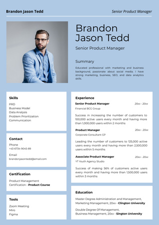 Senior Product Manager Skills and Experience Resume – шаблон для дизайну
