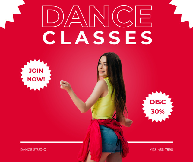 Platilla de diseño Dance Classes Promotion with Smiling Young Woman Facebook