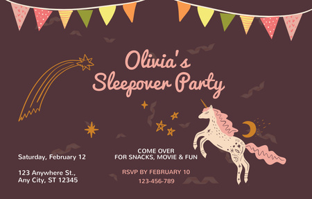 Announcement of Sleepover Party Event with Unicorn In Brown Invitation 4.6x7.2in Horizontal Design Template