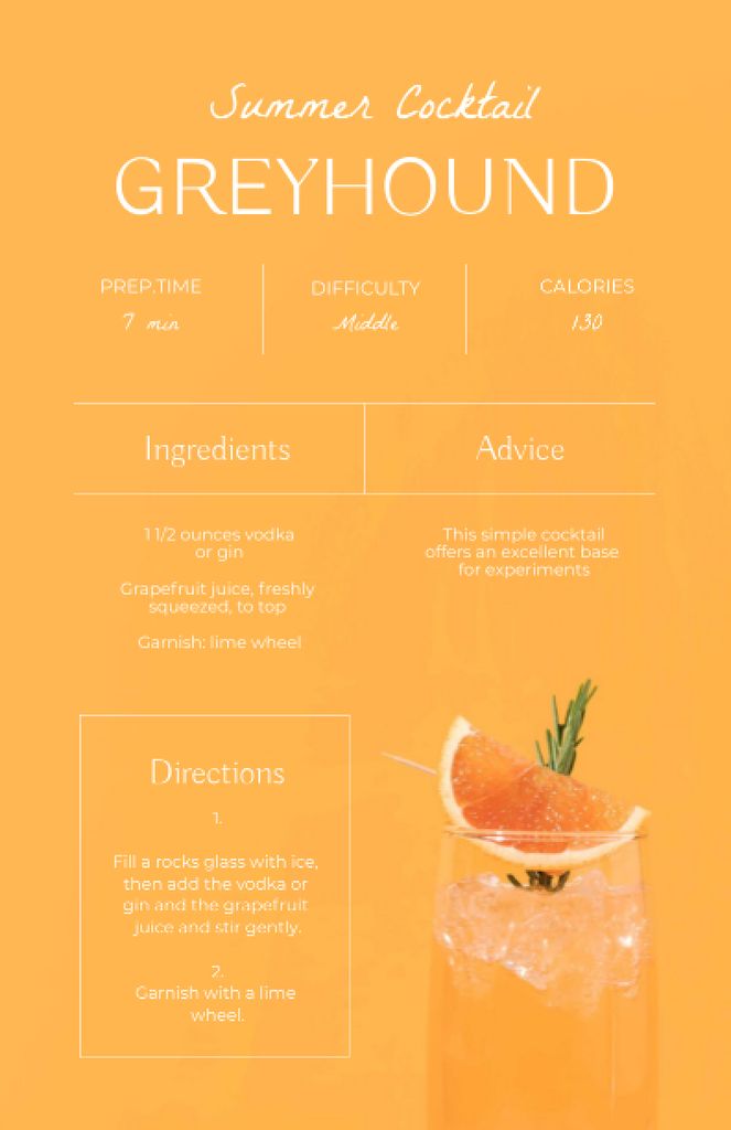 Summer Cocktail with Grapefruit in Glass Recipe Card – шаблон для дизайну