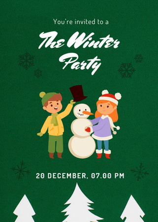Winter Party Announcement with Kids and Snowman Invitation Modelo de Design