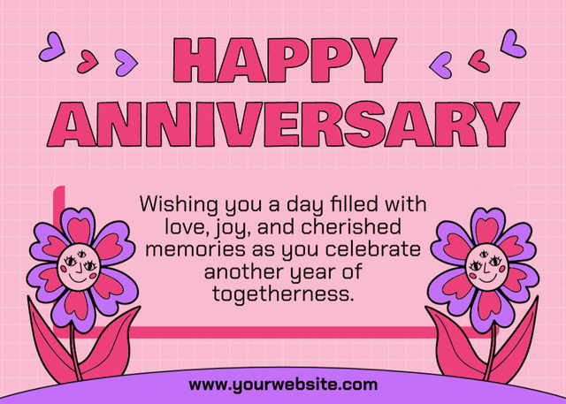 Plantilla de diseño de Happy Anniversary Greetings with Cute Pink Flowers Postcard 5x7in 
